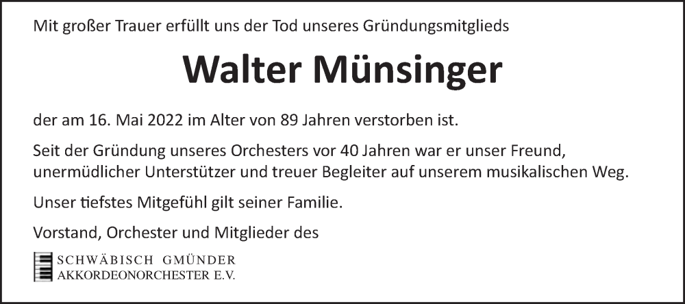  Traueranzeige für Walter Münsinger vom 24.05.2022 aus Gmünder Tagespost