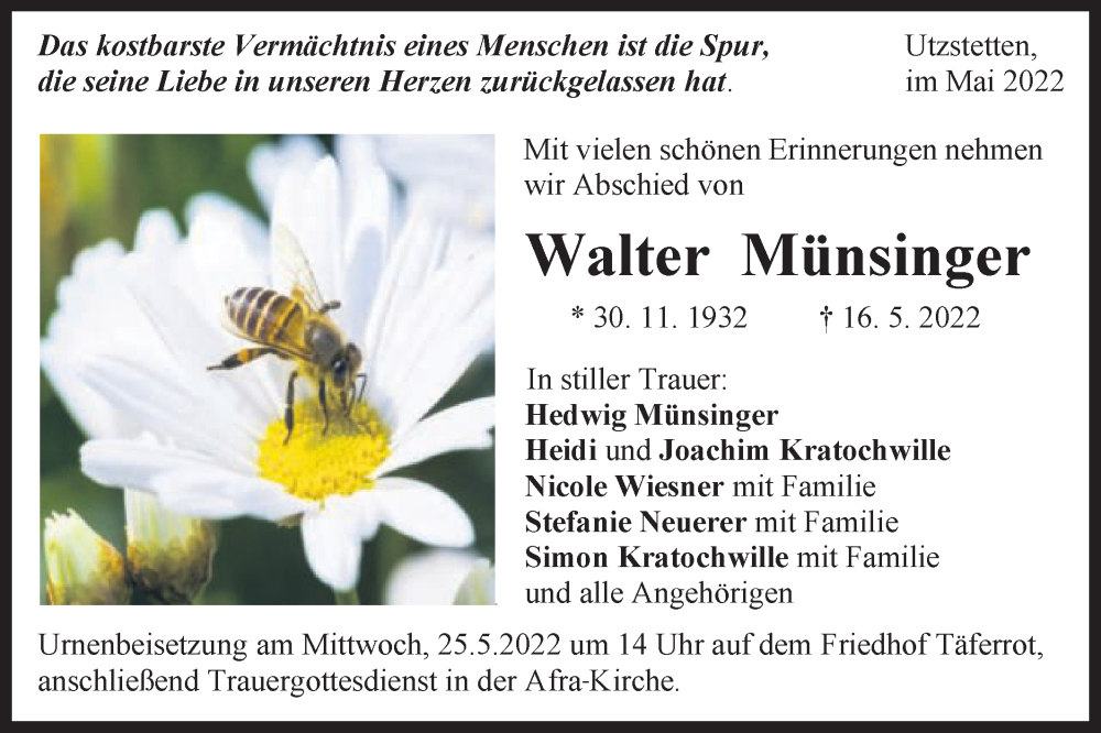  Traueranzeige für Walter Münsinger vom 21.05.2022 aus Gmünder Tagespost