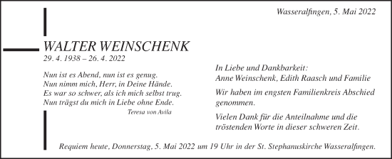Traueranzeige von Walter Weinschenk von Schwäbische Post
