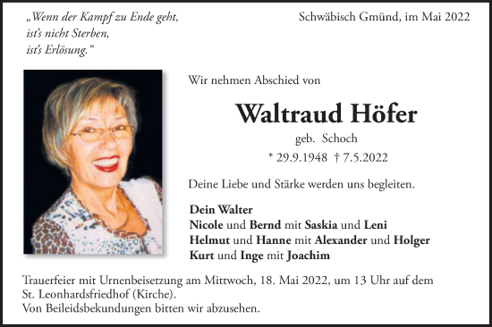 Traueranzeige von Waltraud Höfer von Gmünder Tagespost