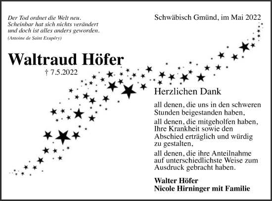 Traueranzeige von Waltraud Höfer von Gmünder Tagespost