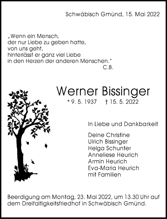 Traueranzeige von Werner Bissinger von Gmünder Tagespost