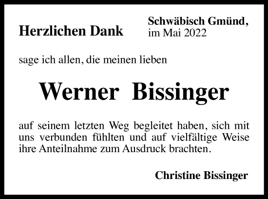 Traueranzeige von Werner Bissinger von Gmünder Tagespost