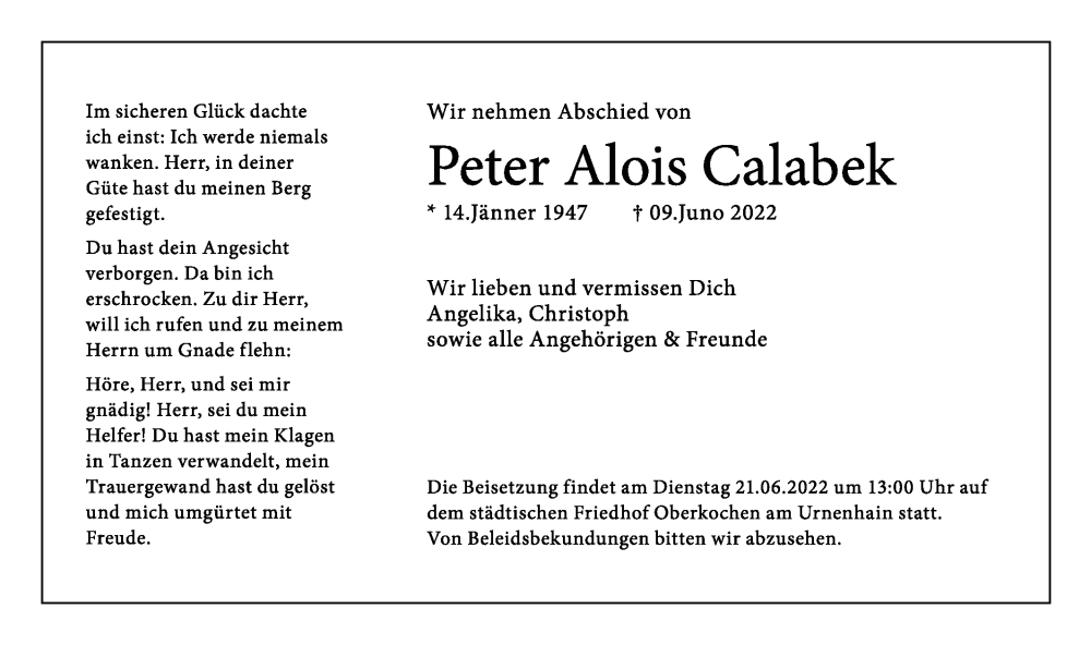  Traueranzeige für Peter Calabek vom 18.06.2022 aus Schwäbische Post