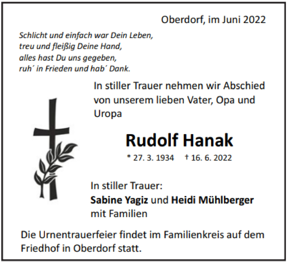  Traueranzeige für Rudolf Hanak vom 23.06.2022 aus Schwäbische Post