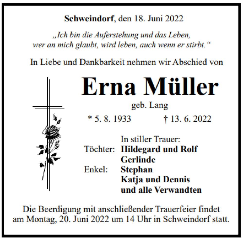  Traueranzeige für Erna Müller vom 18.06.2022 aus Gmünder Tagespost