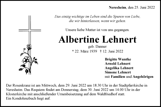 Traueranzeige von Albertine Lehnert von Schwäbische Post