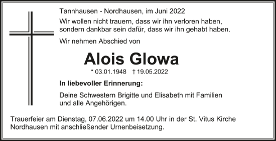Traueranzeige von Alois Glowa von Schwäbische Post