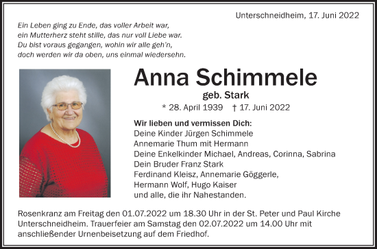 Traueranzeige von Anna Schimmele von Schwäbische Post