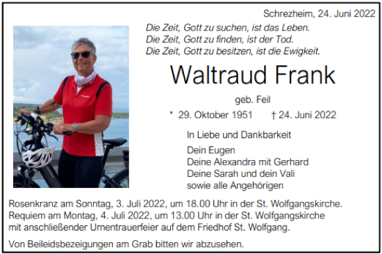 Traueranzeige von Waltraud Frank