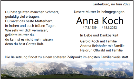 Traueranzeige von Anna Koch von Schwäbische Post