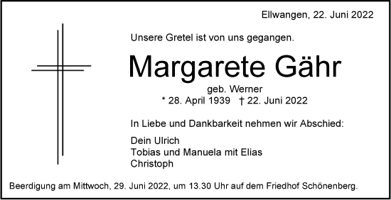 Traueranzeige von Margarete Gähr von Schwäbische Post