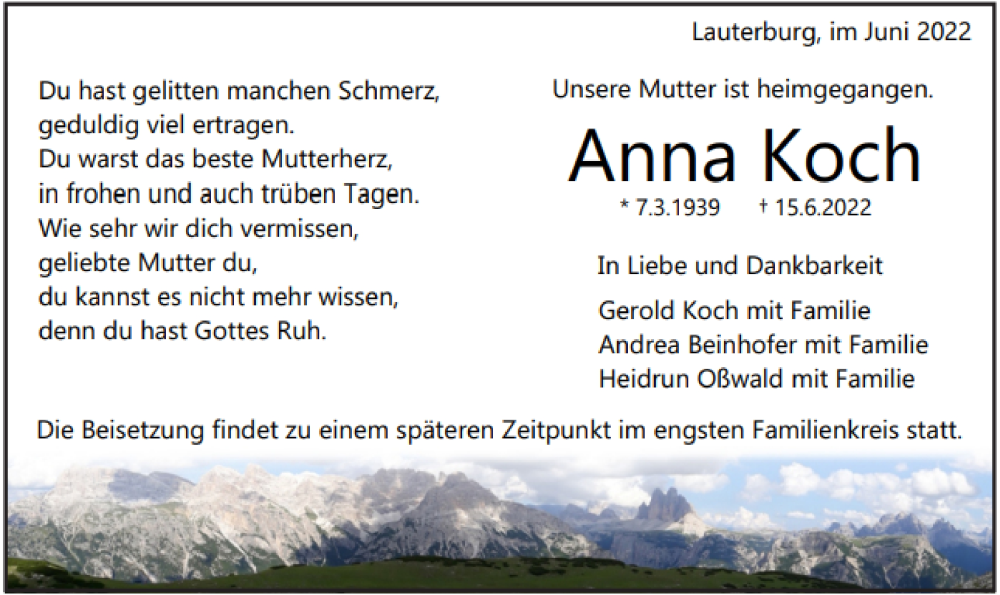  Traueranzeige für Anna Koch vom 25.06.2022 aus Schwäbische Post