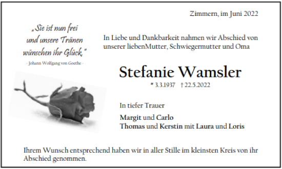 Traueranzeige von Stefanie Wamsler von Gmünder Tagespost