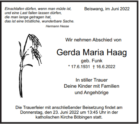 Traueranzeige von Gerda Maria Haag von Gmünder Tagespost