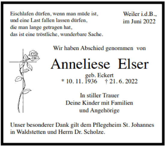 Traueranzeige von Anneliese Elser von Gmünder Tagespost