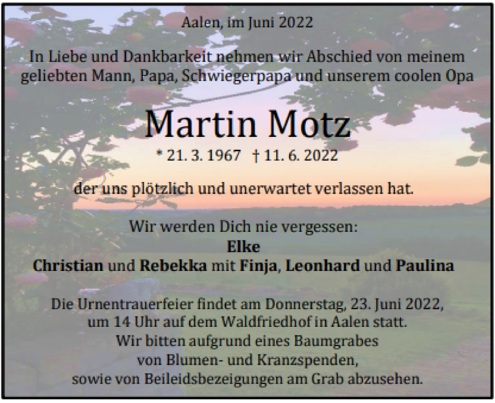  Traueranzeige für Martin Motz vom 18.06.2022 aus Schwäbische Post