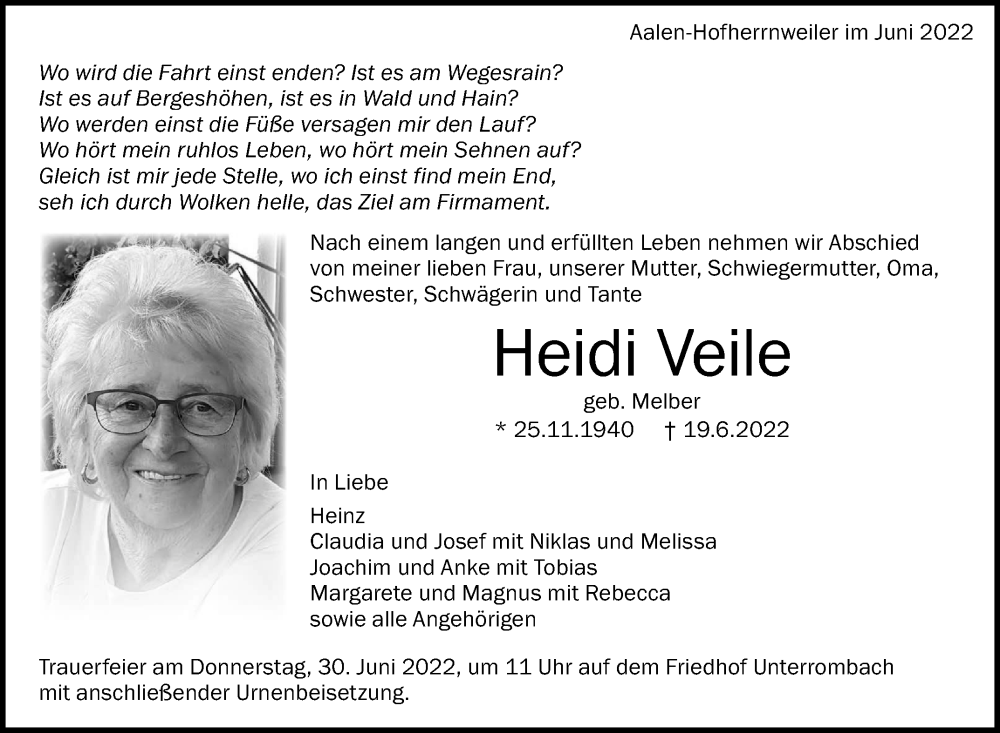  Traueranzeige für Heidi Veile vom 27.06.2022 aus Schwäbische Post