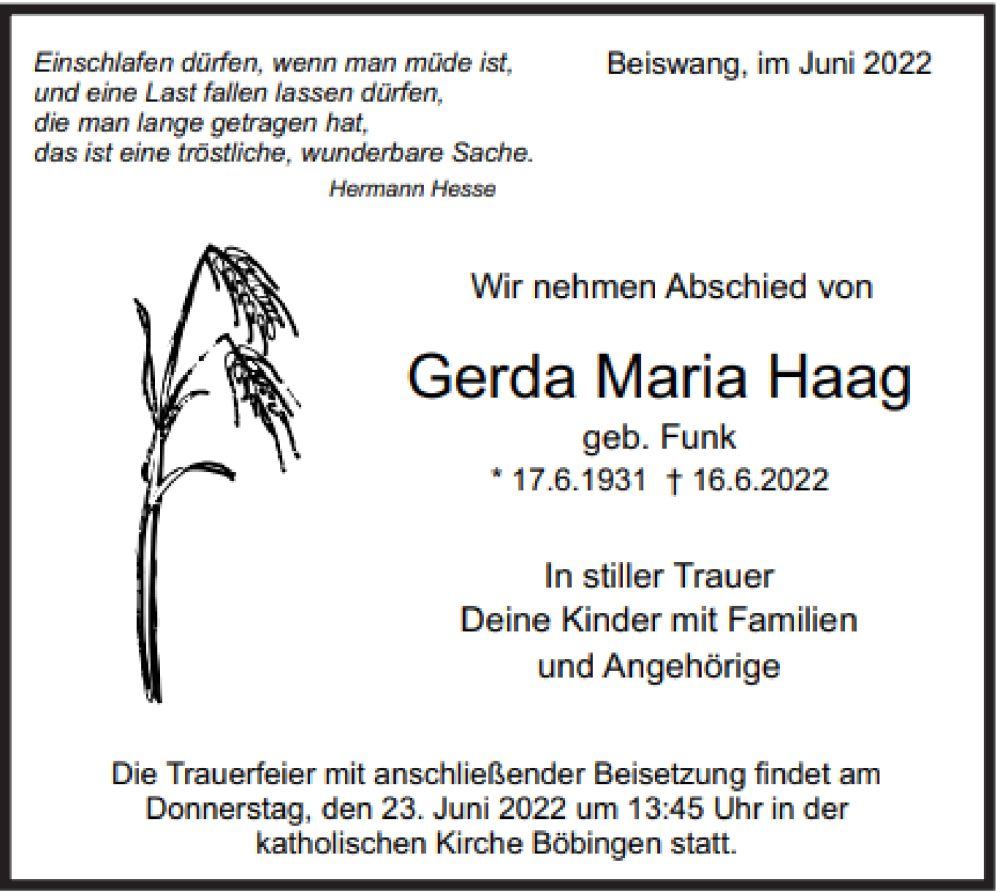  Traueranzeige für Gerda Maria Haag vom 21.06.2022 aus Gmünder Tagespost