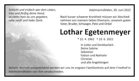 Traueranzeige von Lothar Egetenmeyer von Schwäbische Post