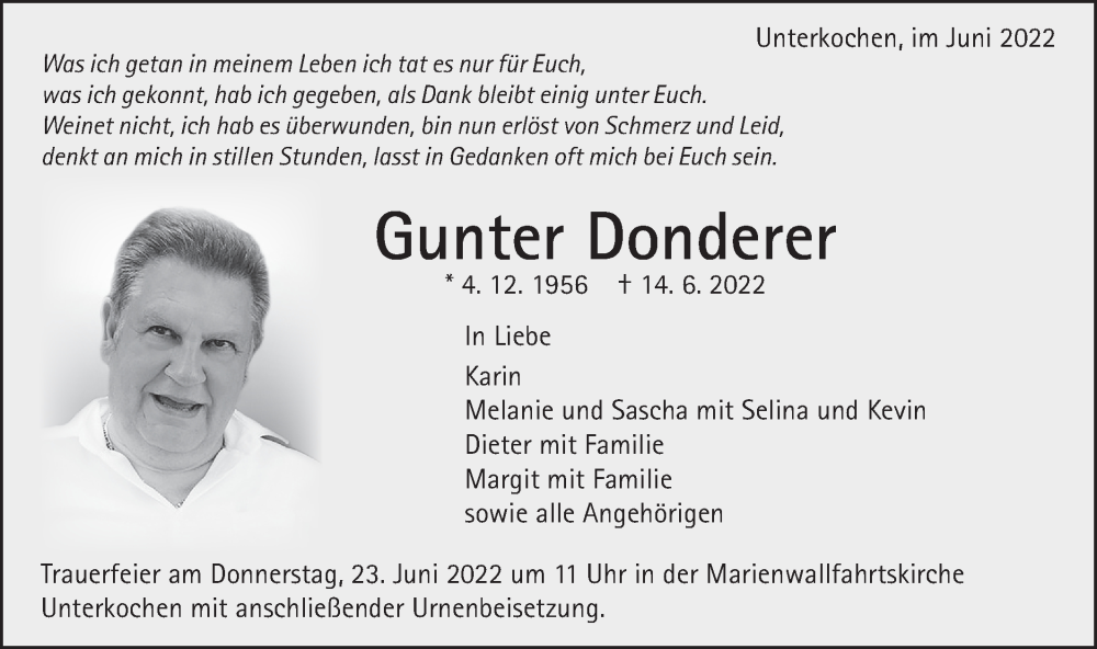  Traueranzeige für Gunter Donderer vom 20.06.2022 aus Gmünder Tagespost,  Schwäbische Post