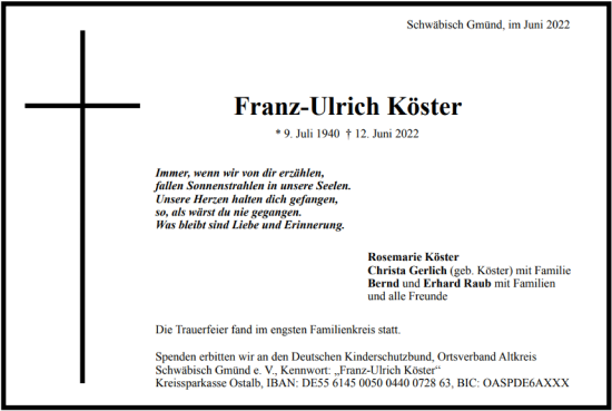 Traueranzeige von Franz-Ulrich Köster von Gmünder Tagespost