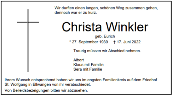Traueranzeige von Christa Winkler von Schwäbische Post
