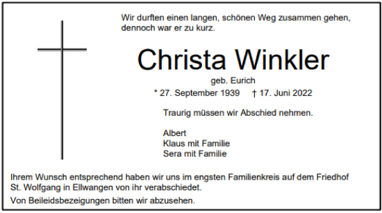 Traueranzeige von Christa Winkler