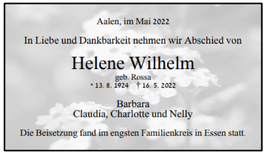 Traueranzeige von Helene Wilhelm 