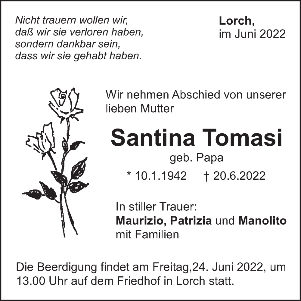 Traueranzeige für Santina Tomasi vom 22.06.2022 aus Gmünder Tagespost