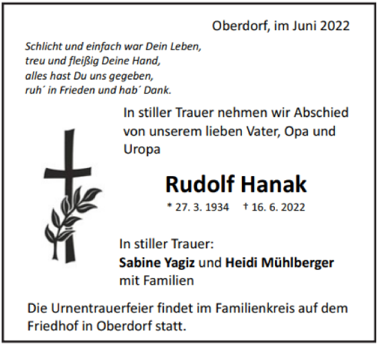 Traueranzeige von Rudolf Hanak von Schwäbische Post