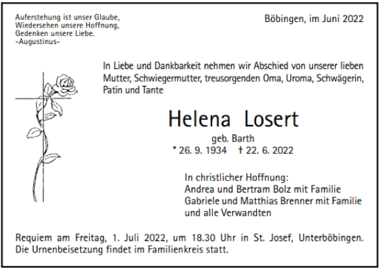 Traueranzeige von Helena Losert
