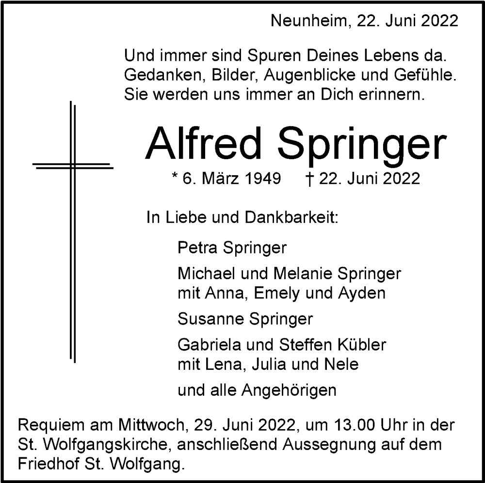  Traueranzeige für Alfred Springer vom 25.06.2022 aus Schwäbische Post