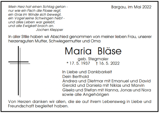 Traueranzeige von Maria Bläse von Gmünder Tagespost