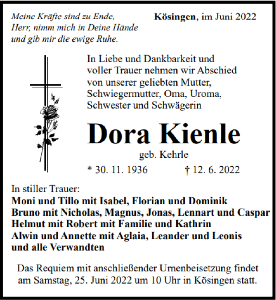  Traueranzeige für Dora Kienle vom 18.06.2022 aus Schwäbische Post
