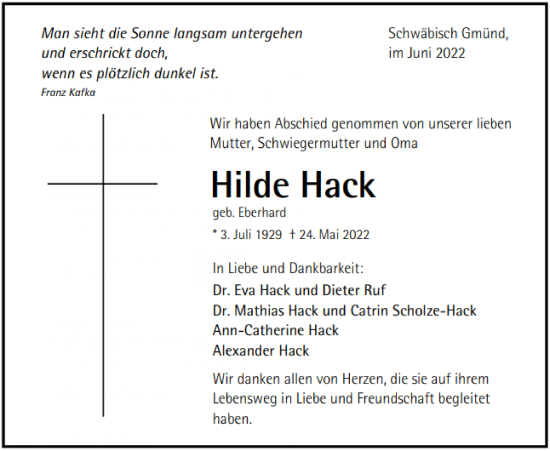 Traueranzeige von Hilde Hack von Gmünder Tagespost