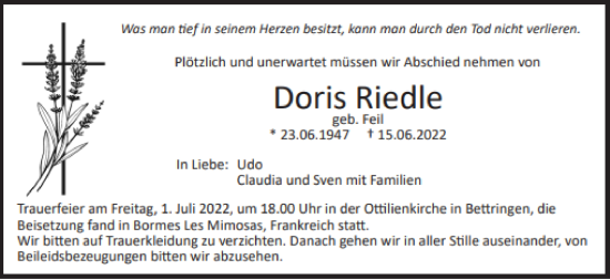 Traueranzeige von Doris Riedle von Gmünder Tagespost
