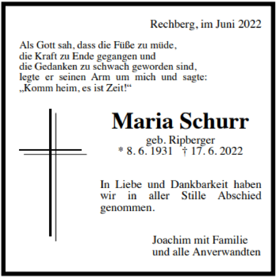 Traueranzeige von Maria Schurr