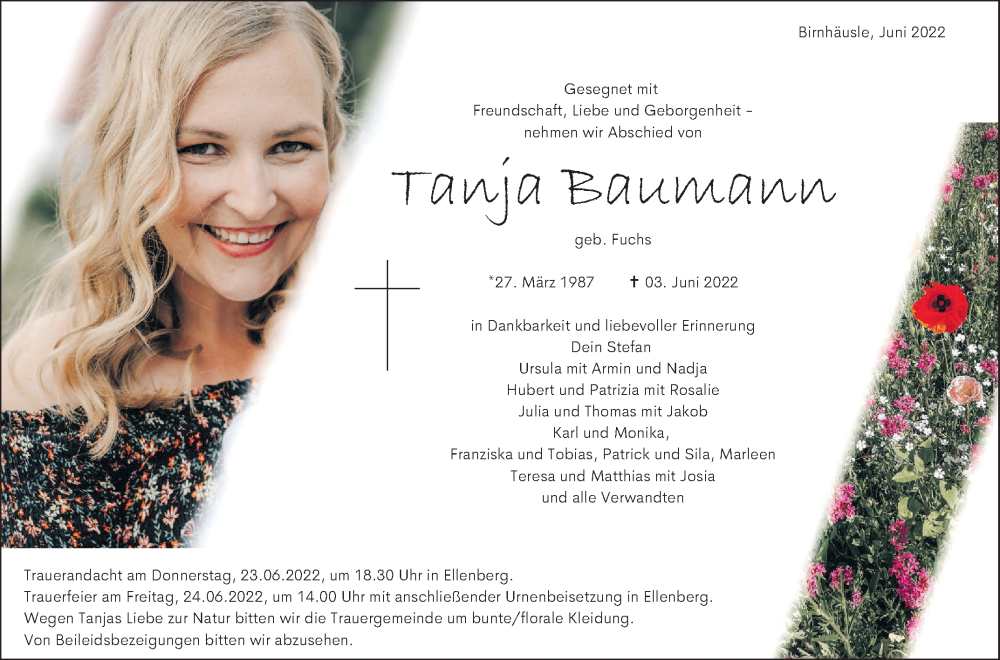  Traueranzeige für Tanja Baumann  vom 21.06.2022 aus Schwäbische Post