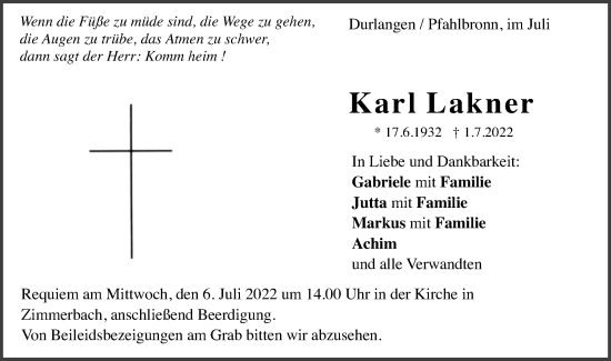 Traueranzeige von Karl Lakner von Gmünder Tagespost