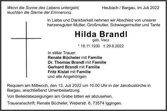 Traueranzeige von Hilda Brandl von Gmünder Tagespost