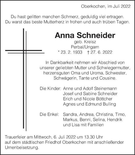 Traueranzeige von Anna Schneider von Schwäbische Post