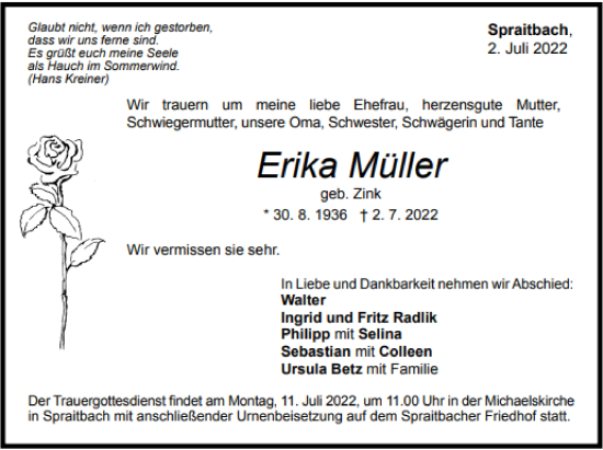 Traueranzeige von Erika Müller