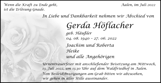 Traueranzeige von Gerda Höflacher von Schwäbische Post