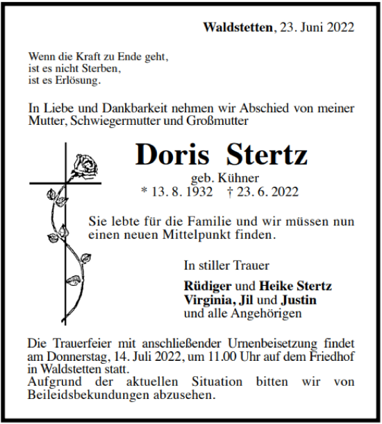 Traueranzeige von Doris Stertz
