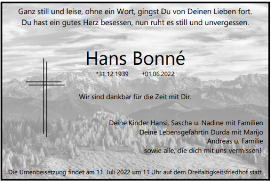 Traueranzeige von Hans Bonné von Gmünder Tagespost