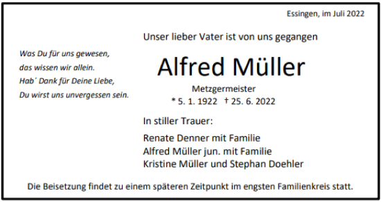 Traueranzeige von Alfred Müller von Schwäbische Post