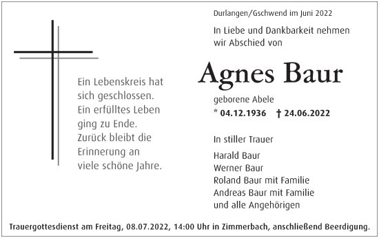 Traueranzeige von Agnes Baur von Gmünder Tagespost