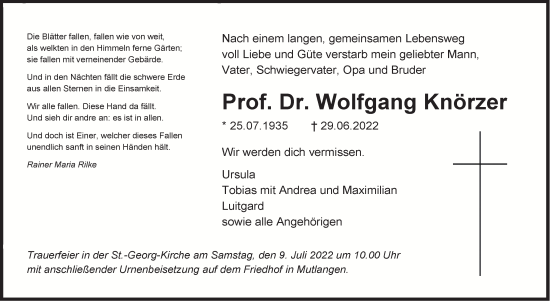 Traueranzeige von Prof. Dr. Wolfgang Knörzer von Gmünder Tagespost