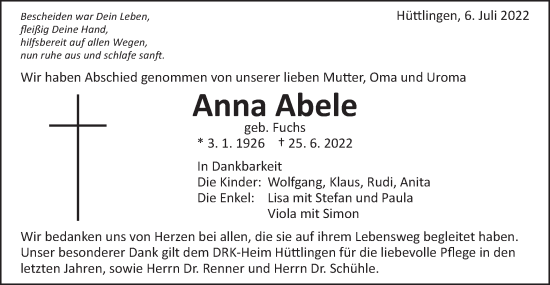 Traueranzeige von Anna Abele von Schwäbische Post